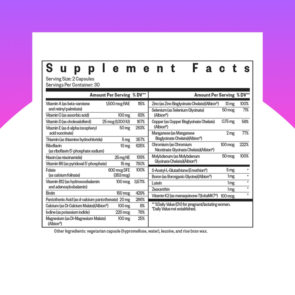 Close-up of Seeking Health Prenatal Essentials MF capsules to highlight methyl-free formula.