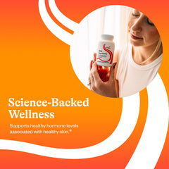 Seeking Health Skin Nutrients bottle with glass emphasizing premium skin nourishment.