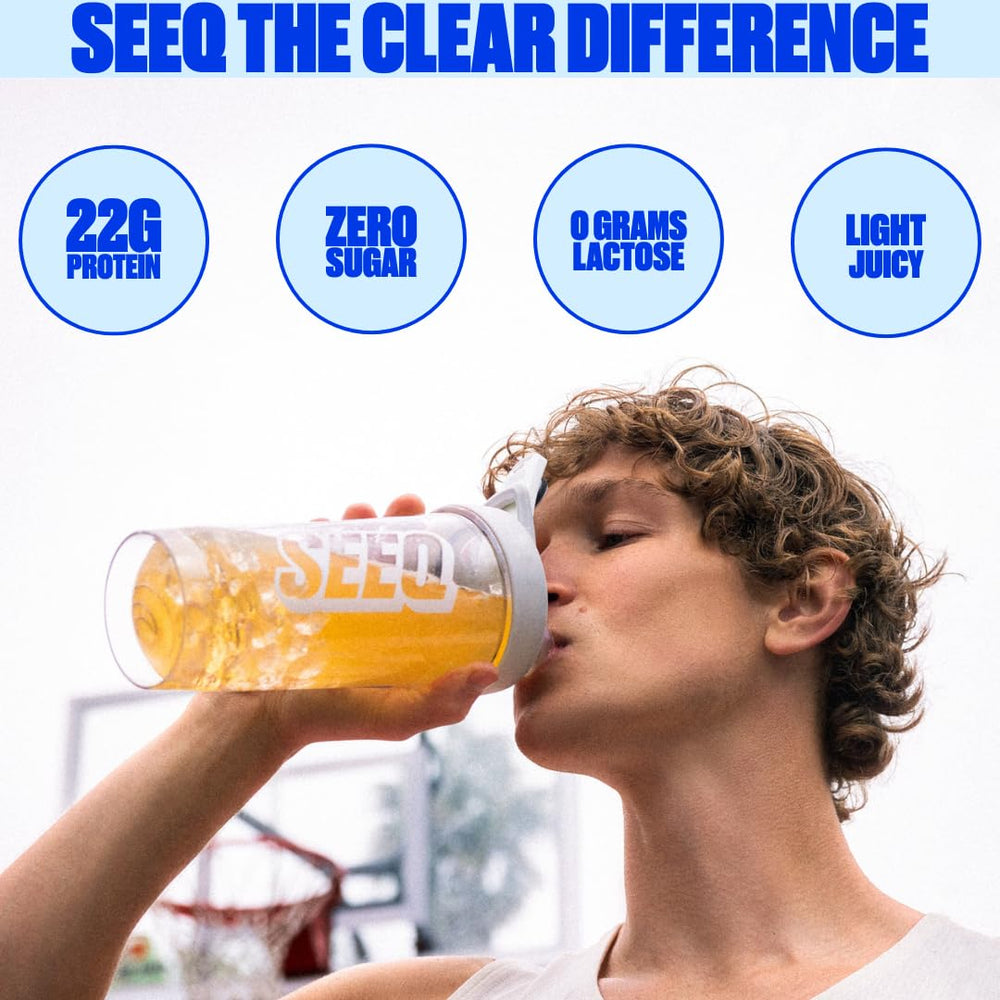 SEEQ Clear Whey Blue Razz Freeze scoop delivering 22 g protein quickly after training.