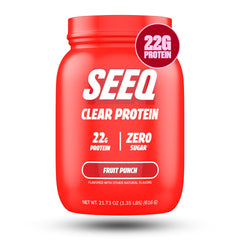 SEEQ Clear Whey Fruit Punch bottle showing 22g protein per serving for post-workout refreshment