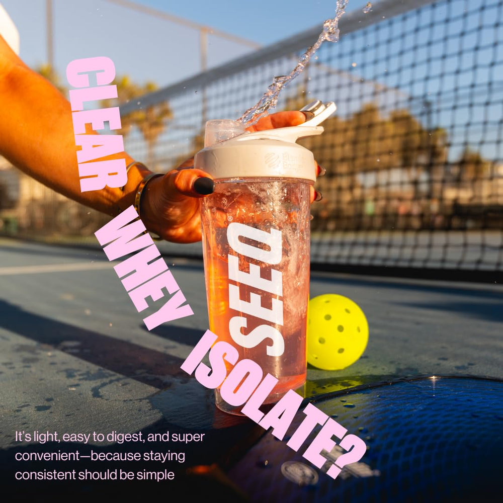 SEEQ Clear Whey Fruit Punch close-up reveals vibrant color and clean ingredients