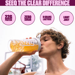 SEEQ Clear Whey Fruit Punch scoop highlighting easy mixability and fast blending