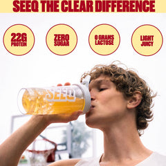 SEEQ Clear Whey Isolate scoop showing 22g protein per serving