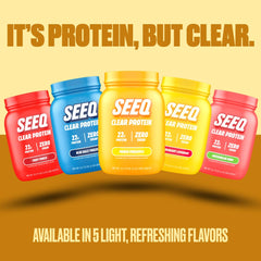 SEEQ Clear Whey Mango Pineapple label emphasizes 22g protein per serving.