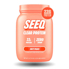 SEEQ Juicy Peach clear whey bottle highlights refreshing post-workout protein.