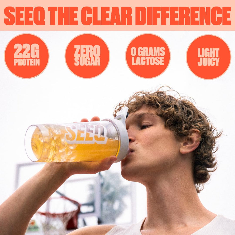 SEEQ Juicy Peach clear whey shake in glass with ice for on-the-go hydration.