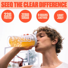 SEEQ Juicy Peach clear whey shake in glass with ice for on-the-go hydration.