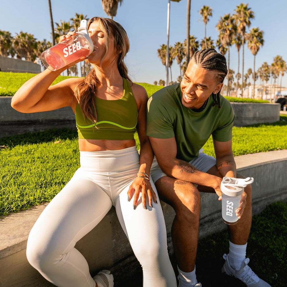 SEEQ post-workout routine with Juicy Peach shake ready to enjoy.