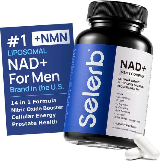 Selerb Liposomal NADGENIE bottle front for men showing energy support potential