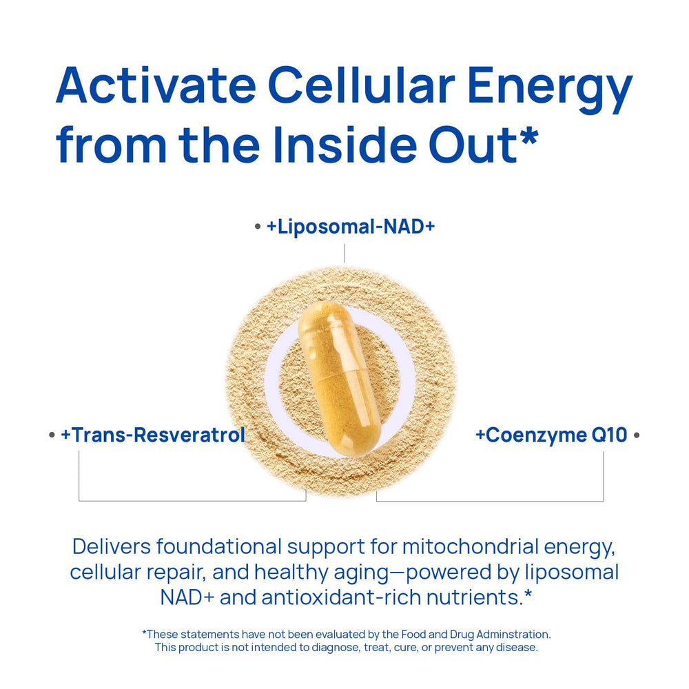 Selerb NAD+ ingredients panel: includes CoQ10 and resveratrol for antioxidant support.