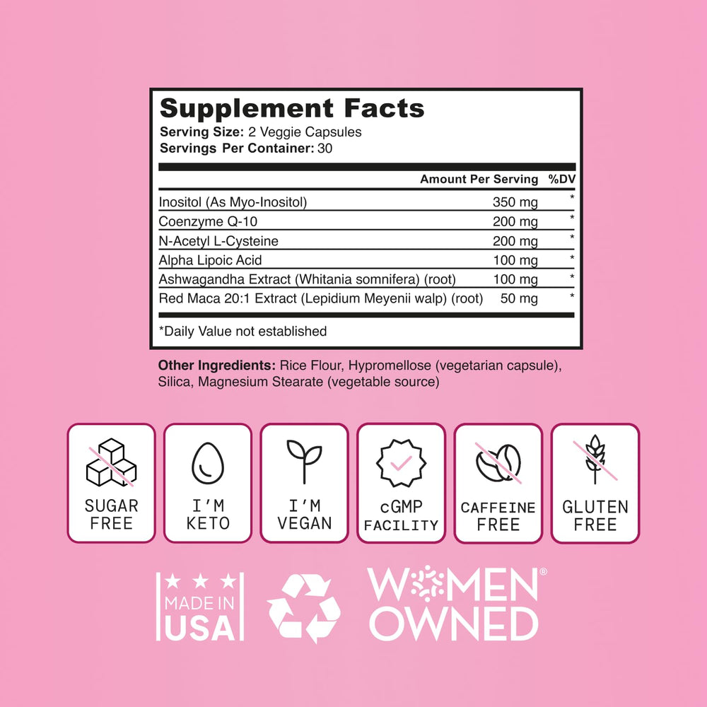 Self Nutrition Fertility Support vegan formula shown with plant-based capsules.