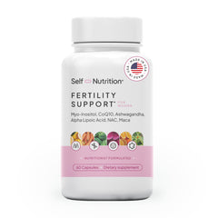 Self Nutrition Fertility Support bottle front showing branding for reliable women's wellness.