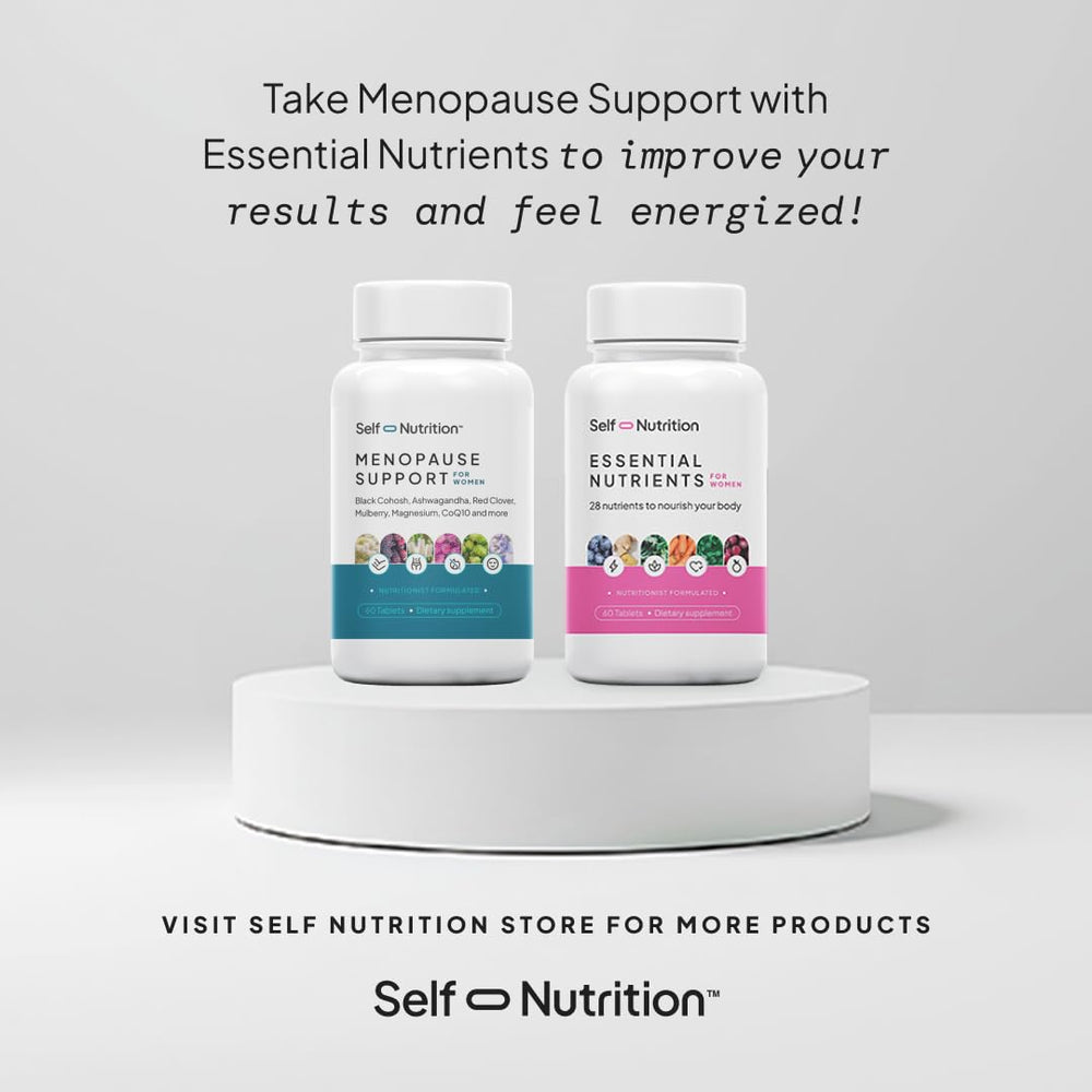 SELF NUTRITION menopause ingredient blend chart showcases natural components behind balance.