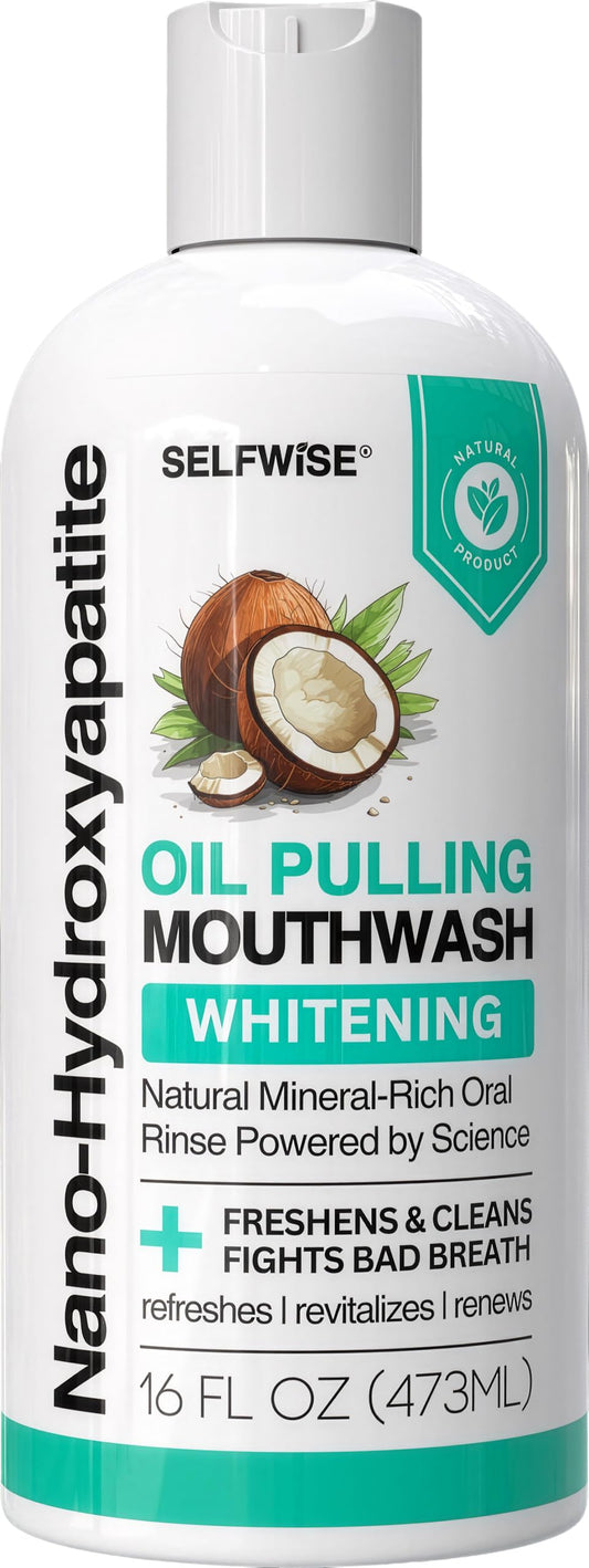 SELFWISE nano-hydroxyapatite oil pulling mouthwash bottle emphasizes enamel support and a fresh breath result.