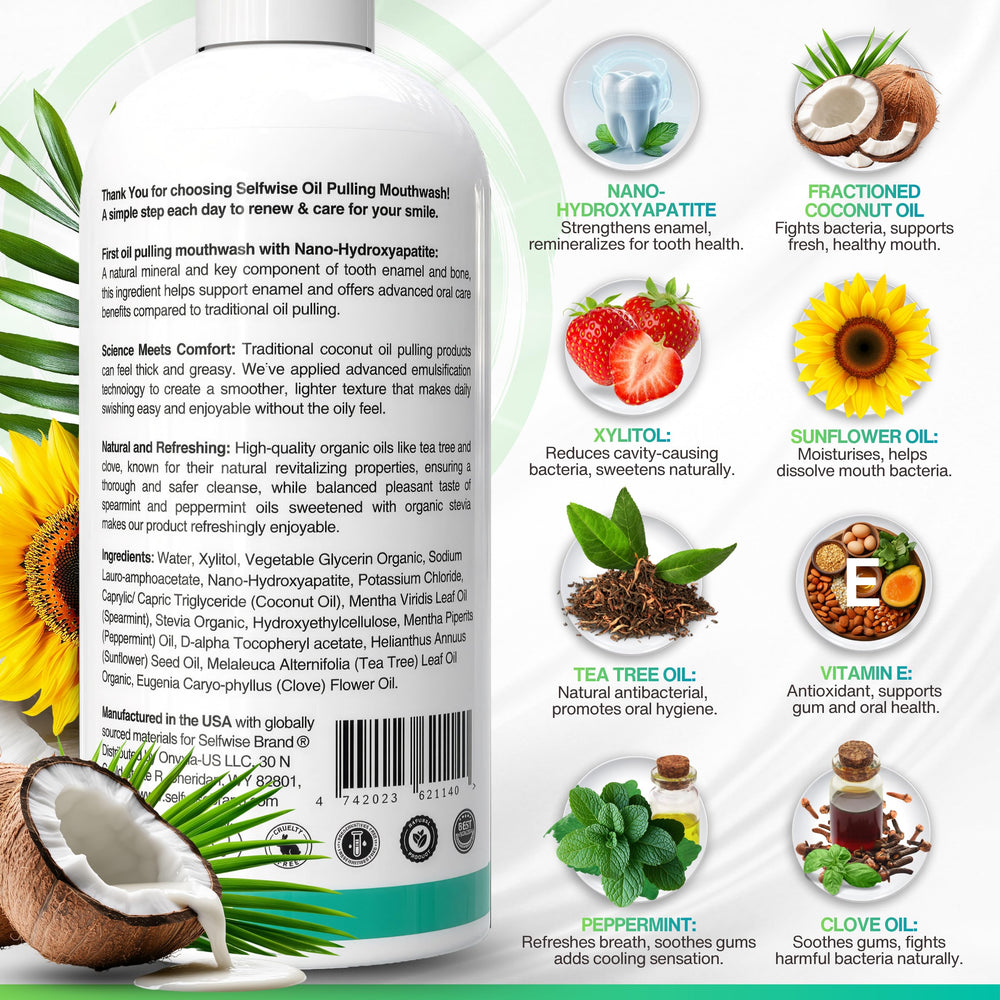 SELFWISE mint essence highlights natural peppermint and spearmint for breath-freshening use.