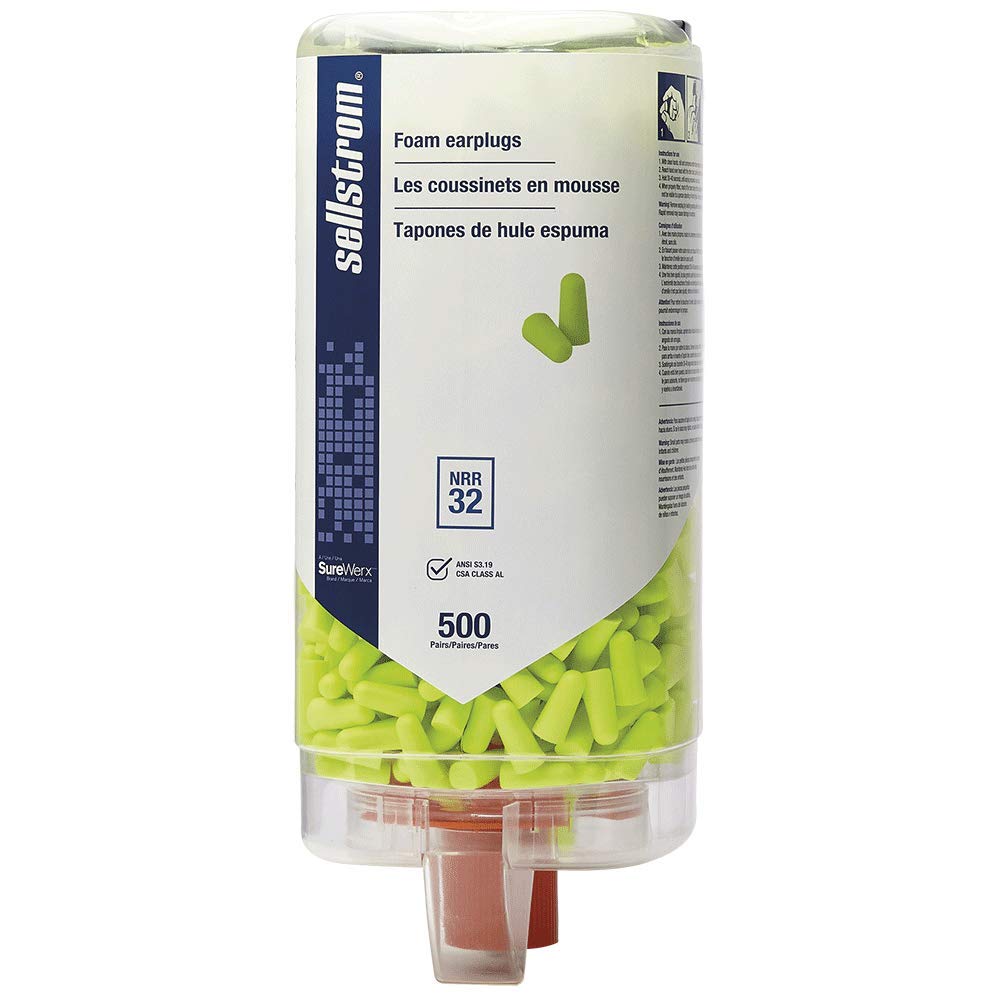 Sellstrom ear plugs 32 dB NRR hi-vis green in a dispenser box.