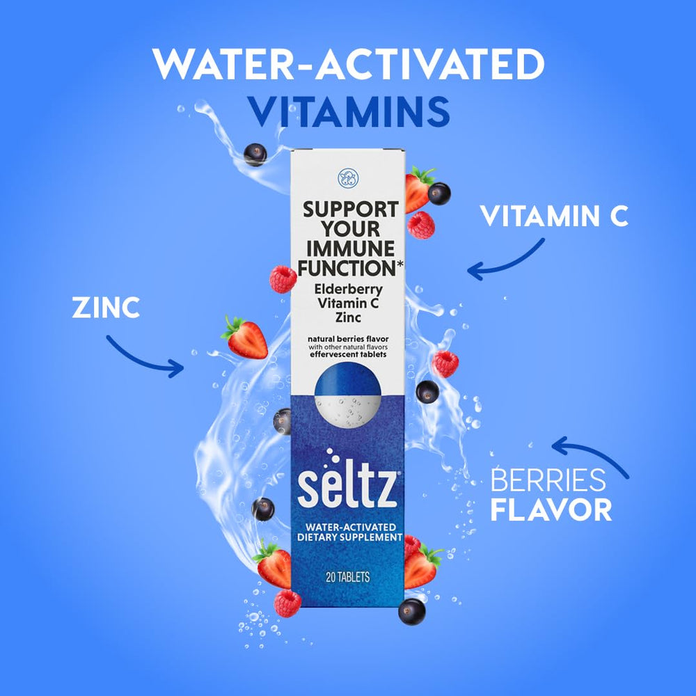 Seltz berry-flavored effervescent tablet dissolving in water.