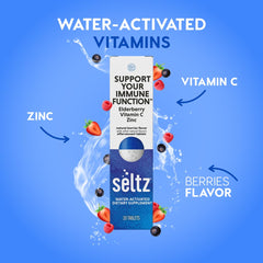 Seltz berry-flavored effervescent tablet dissolving in water.