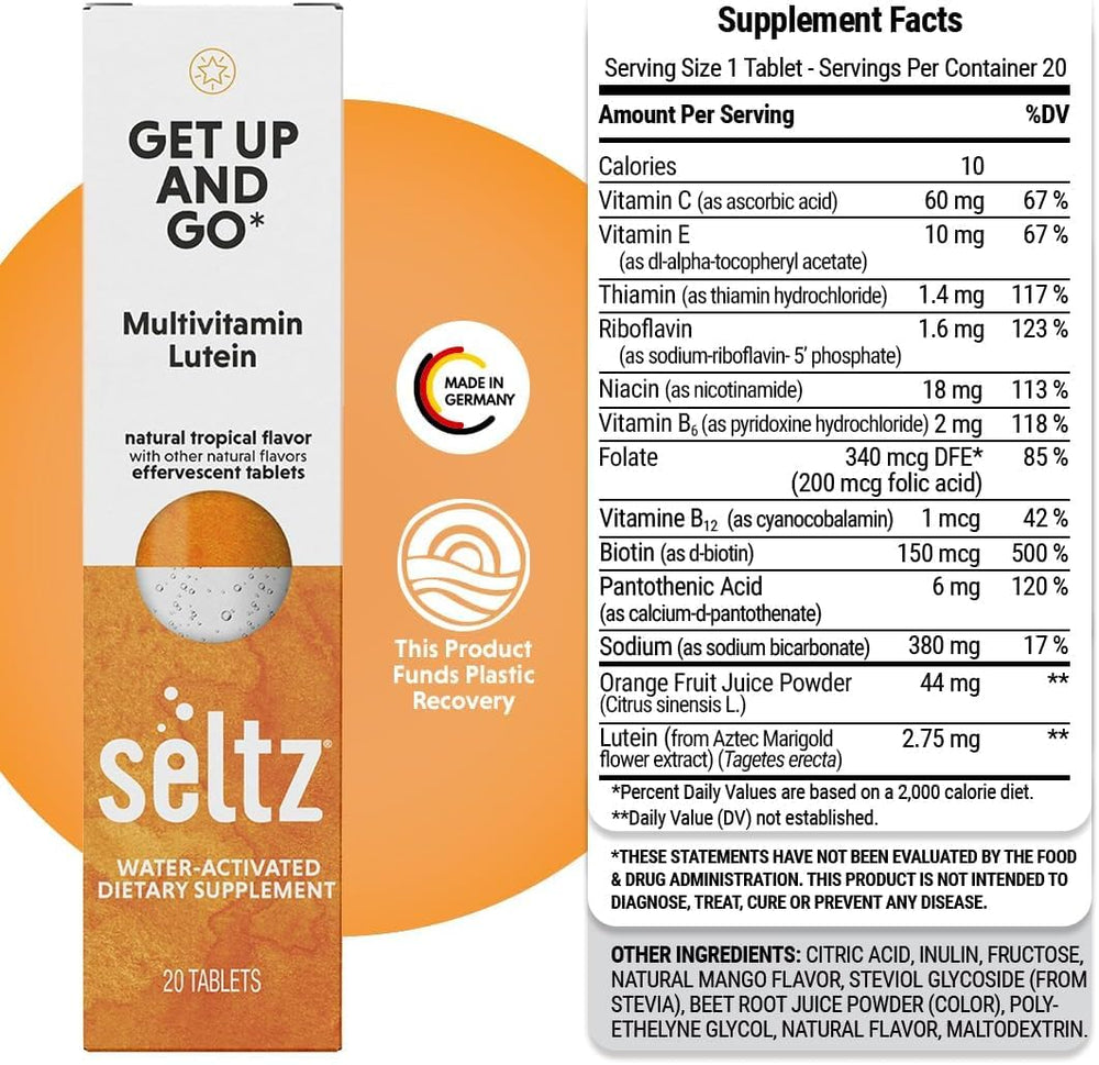 Seltz Get Up and Go tropical multipack display for home or travel use