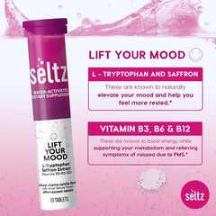Seltz Lift Your Mood dynamic fizz captured mid-dissolution for vivid effect.