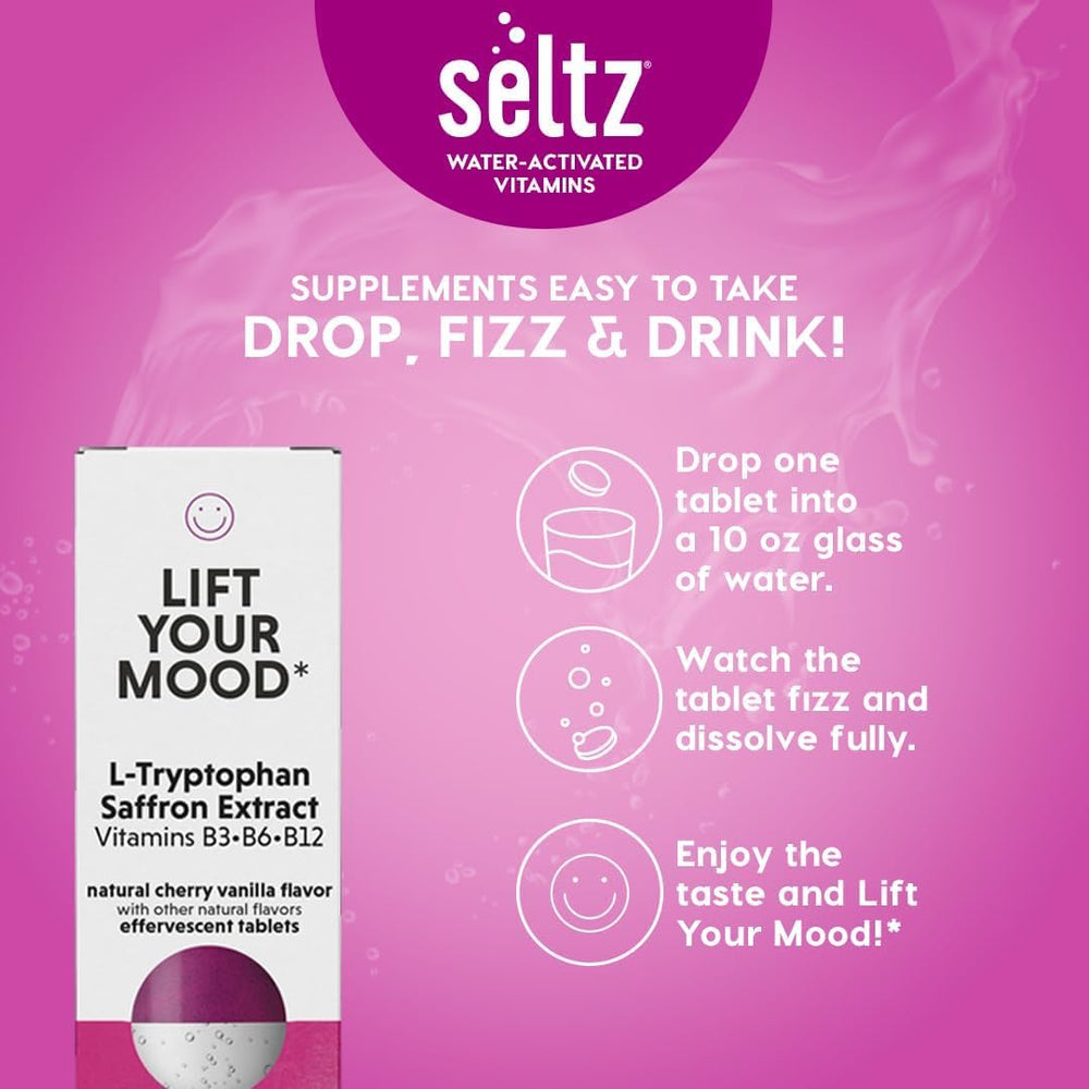 Seltz Lift Your Mood cherry vanilla flavor label highlights no sugar added.