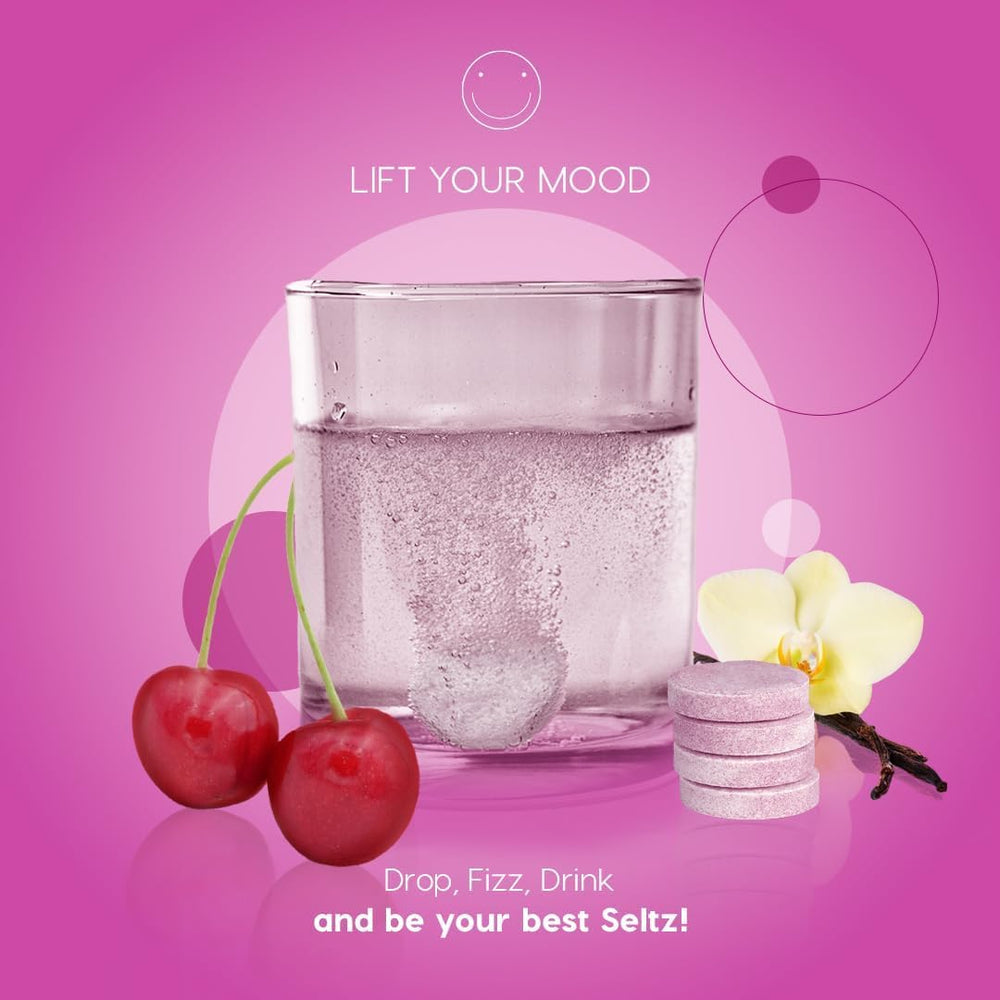 Seltz Lift Your Mood fizz in glass showcases refreshing mood-supporting sip.