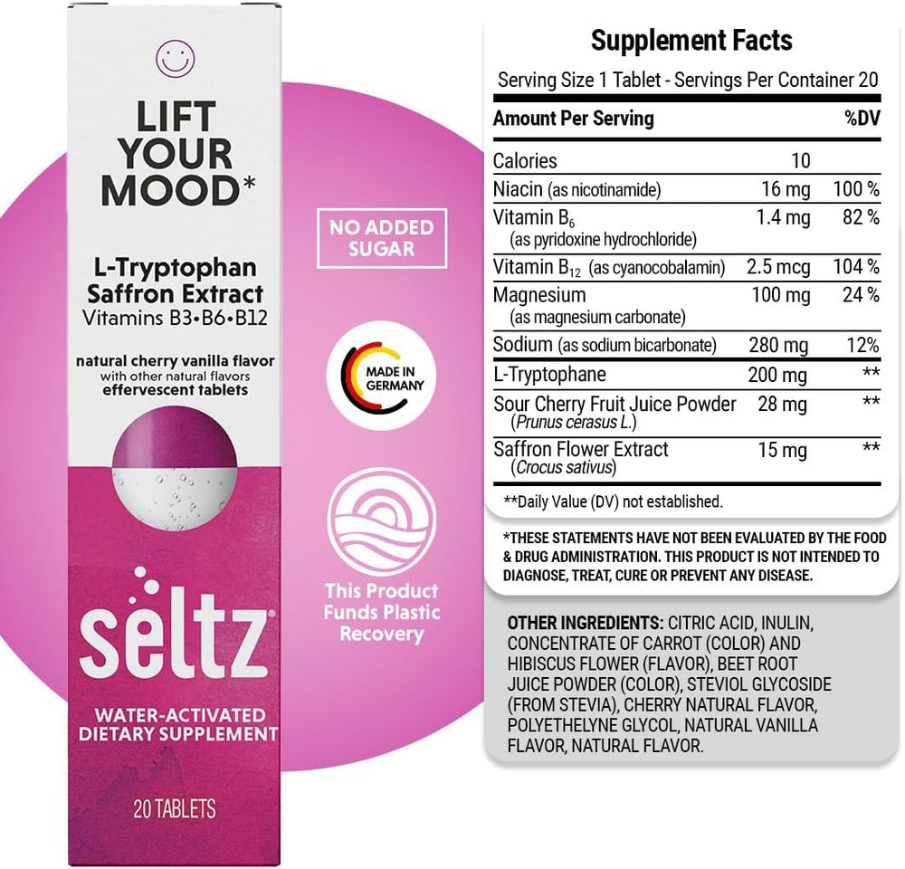 Seltz Lift Your Mood ready-to-drink glass highlights easy daily routine.