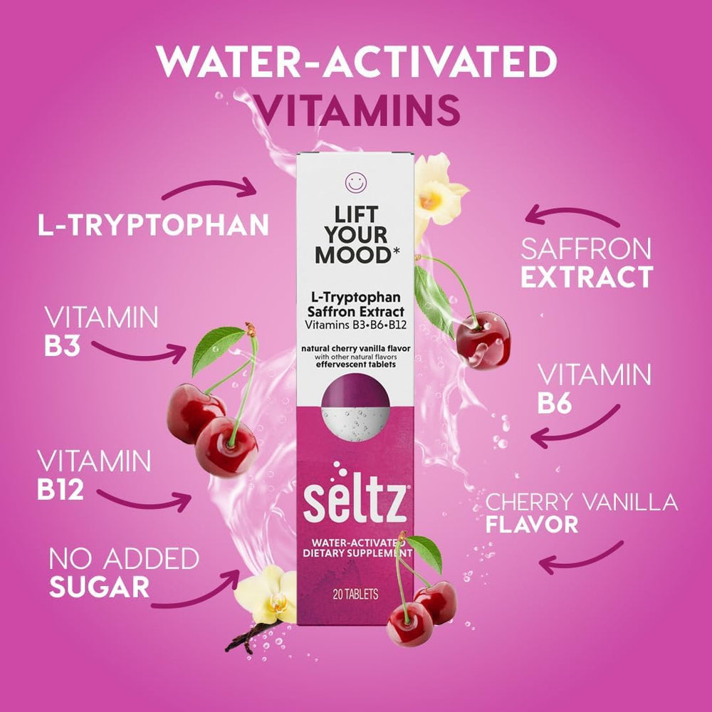 Seltz Lift Your Mood tablet closeup highlights cherry vanilla flavor and no added sugar.