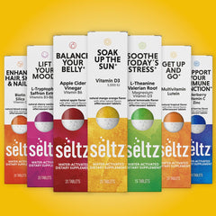 Seltz Soak Up The Sun 20 tablets neatly arranged.