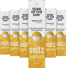 Seltz Soak Up The Sun tablet dissolving in water for a bright, convenient vitamin sip.