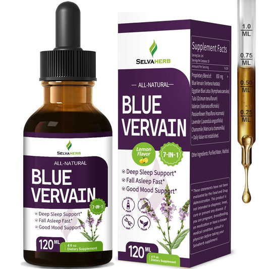 Selvaherb Blue Vervain Drops lemon bottle on a nightstand for calm evenings.