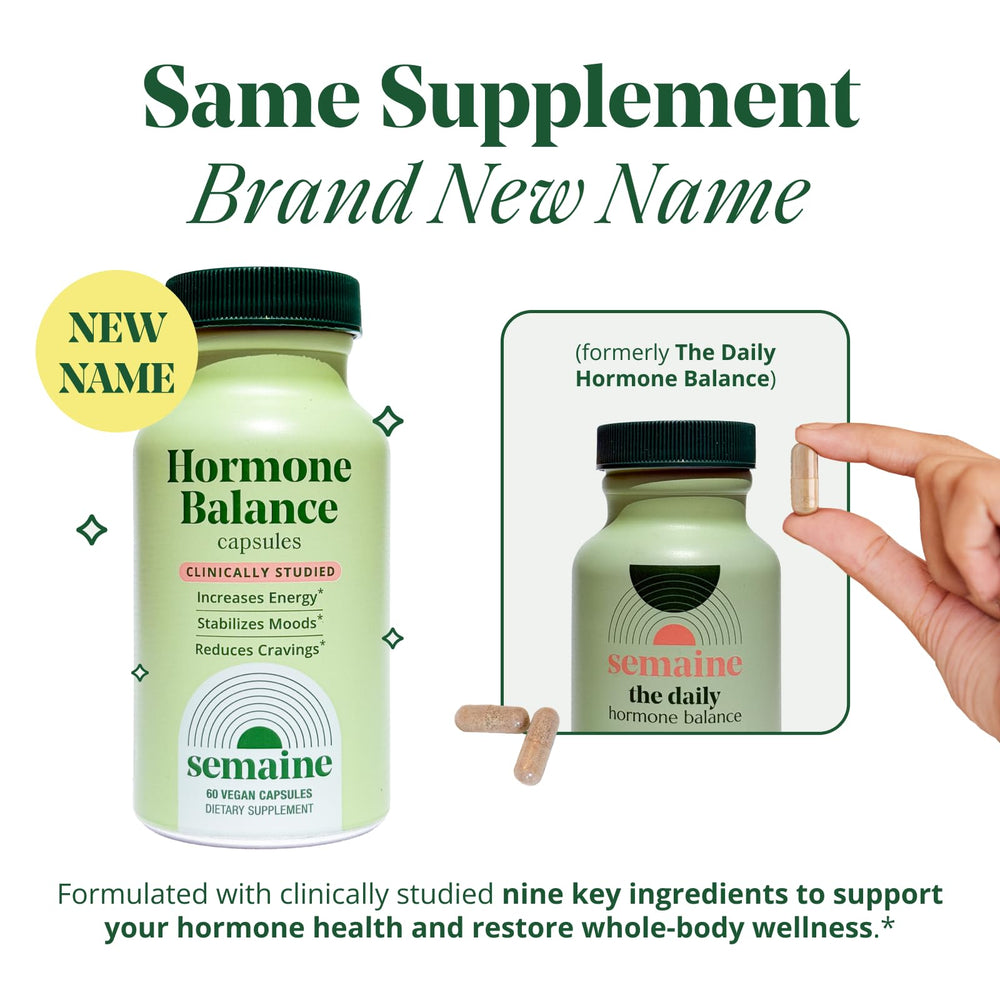 Close-up of Semaine Hormone Balance capsules highlighting mood and energy-supporting ingredients