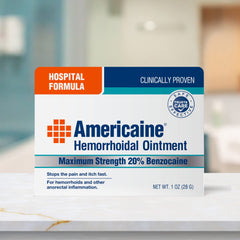 Senokot Americaine Hemorrhoidal Ointment ingredients label featuring benzocaine component.