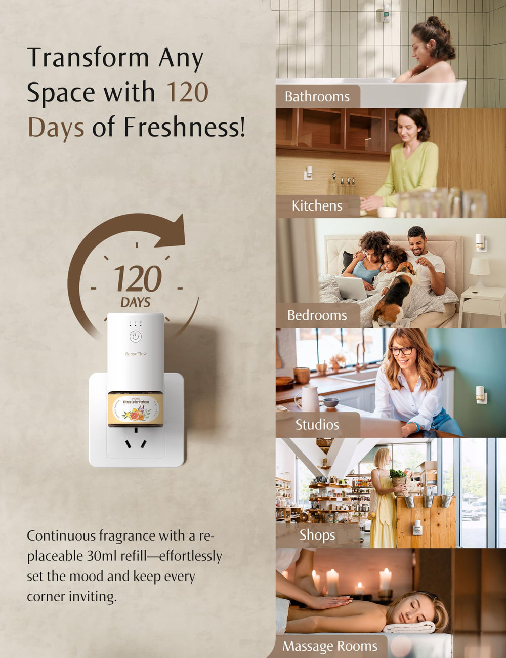 SenseFlow Calm Serenity oil bottle provides soothing aroma options.