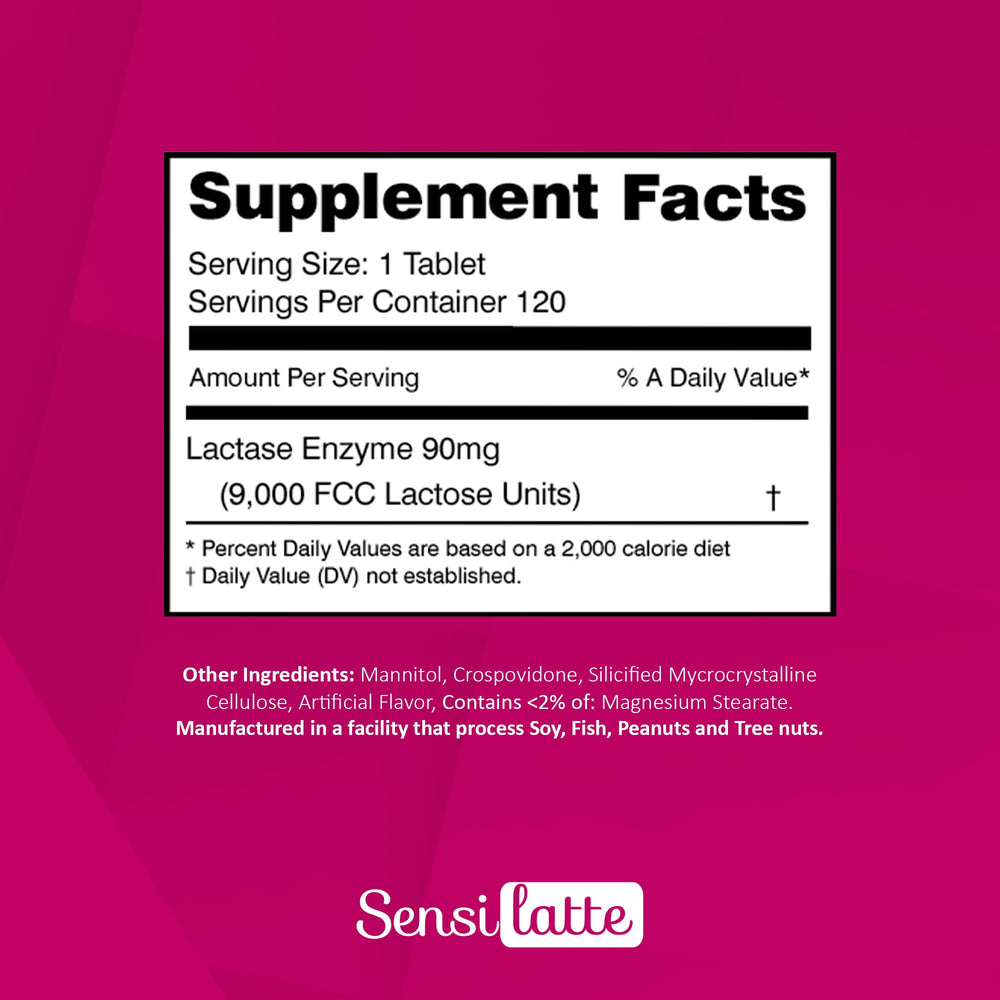 Bottle shows 9,000 FCC potency for reliable lactose breakdown