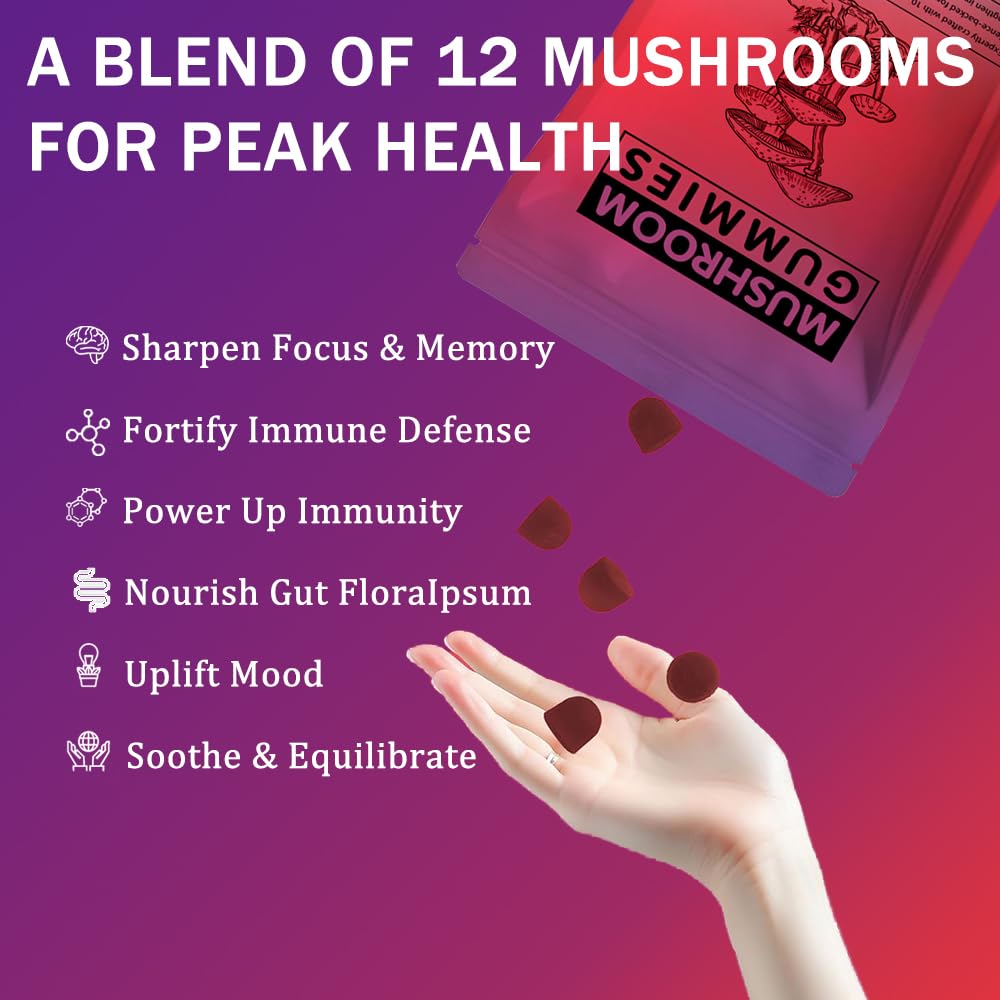 Seodon organic reishi and cordyceps gummy closeup for energy-friendly mood support.