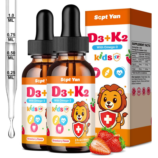 SEPT YAN kids D3 K2 drops bottle highlights bone support.