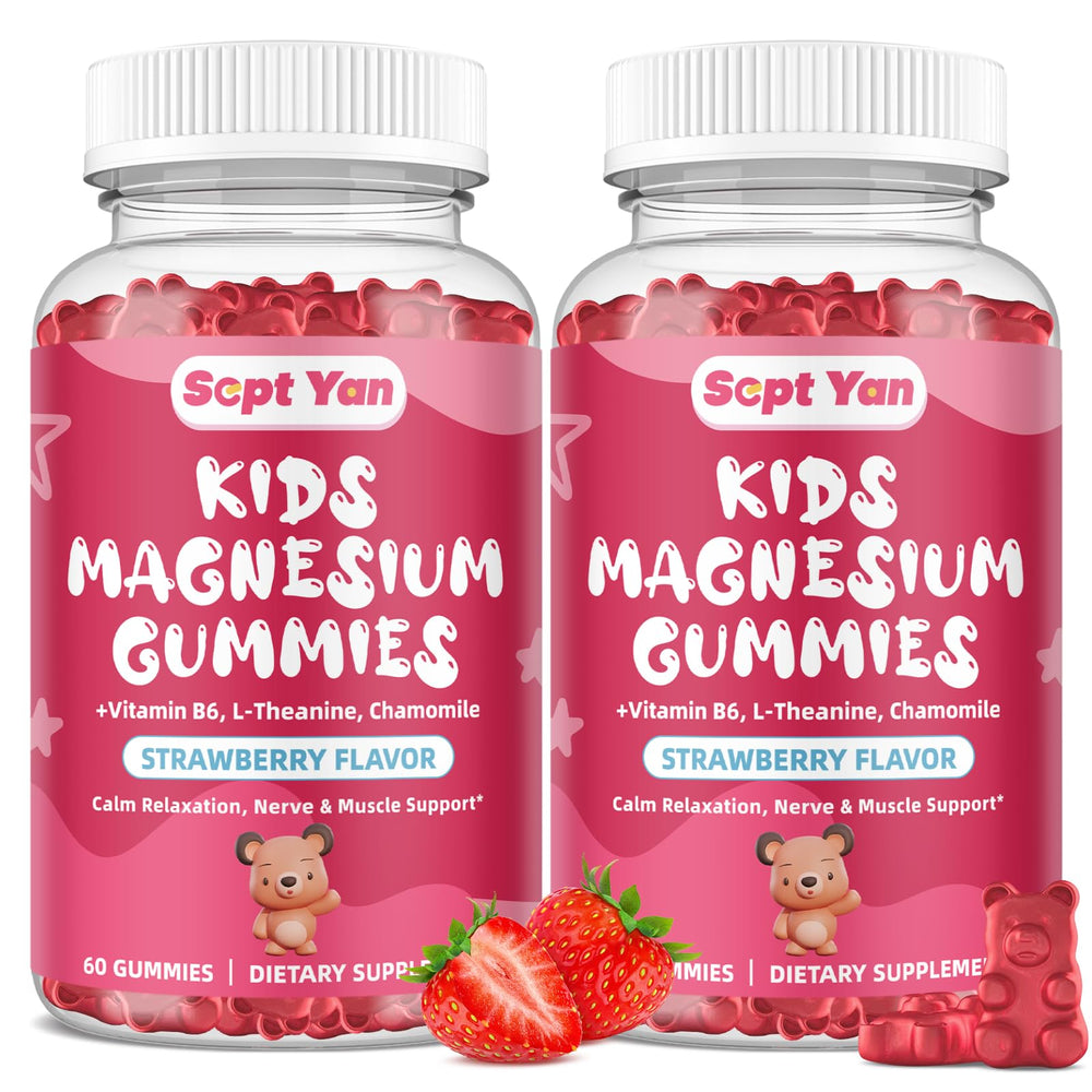 SEPT YAN Magnesium Gummies bottle front showing kid-friendly strawberry flavor for calm evenings