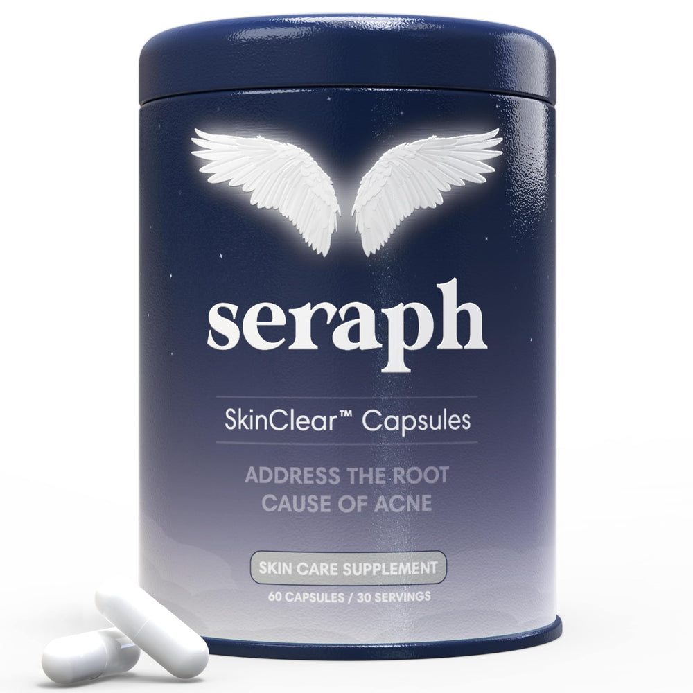 Seraph acne supplement bottle front view, daily skin support for hormonal balance.