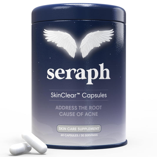 Seraph acne supplement bottle front view, daily skin support for hormonal balance.