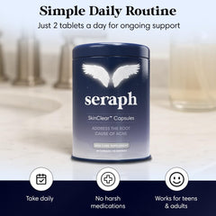 Seraph acne supplement daily routine setup with water, supporting consistent use.