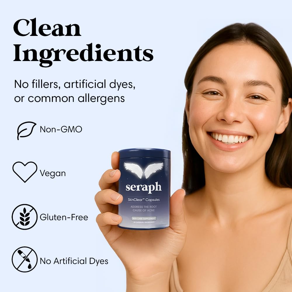 Seraph acne supplement taking scene, hand holding pill for daily intake.