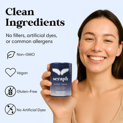 Seraph acne supplement taking scene, hand holding pill for daily intake.