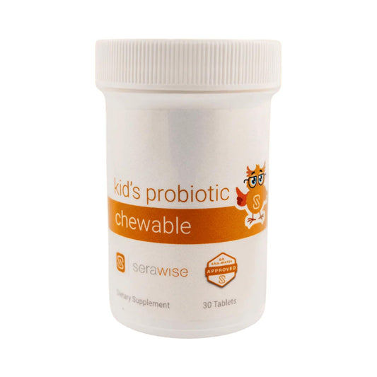 Serawise Kids Probiotic chewable bottle on table supports easy daily use.