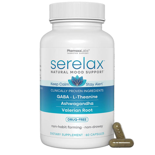 Serelax stress relief bottle for calm mood support and everyday resilience.