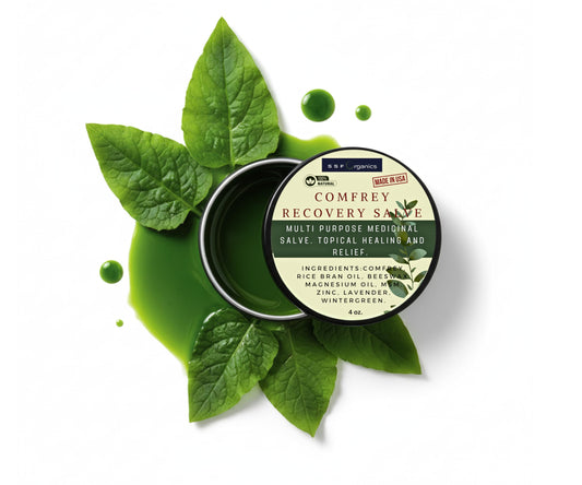 Serendipitous Summer Farms comfrey salve jar front highlighting natural ingredients for skin care
