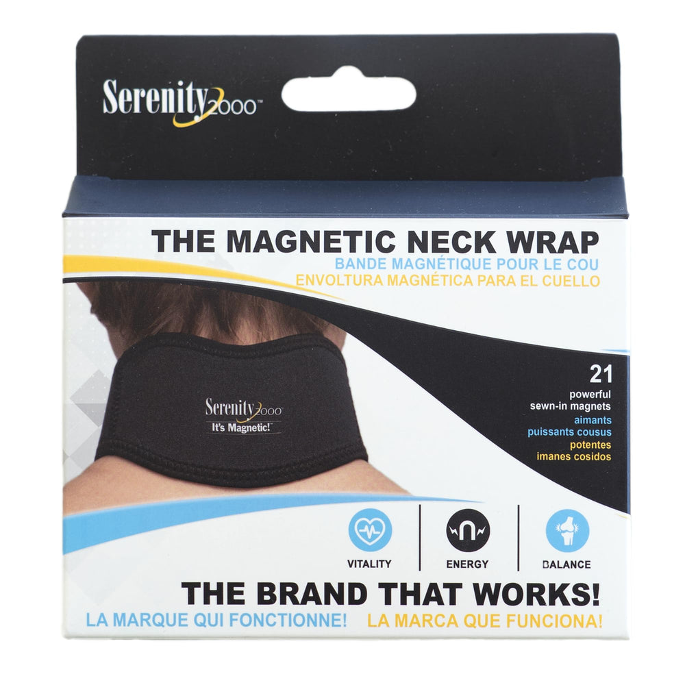 Serenity2000 neck wrap worn on model shows comfortable neck and shoulder fit