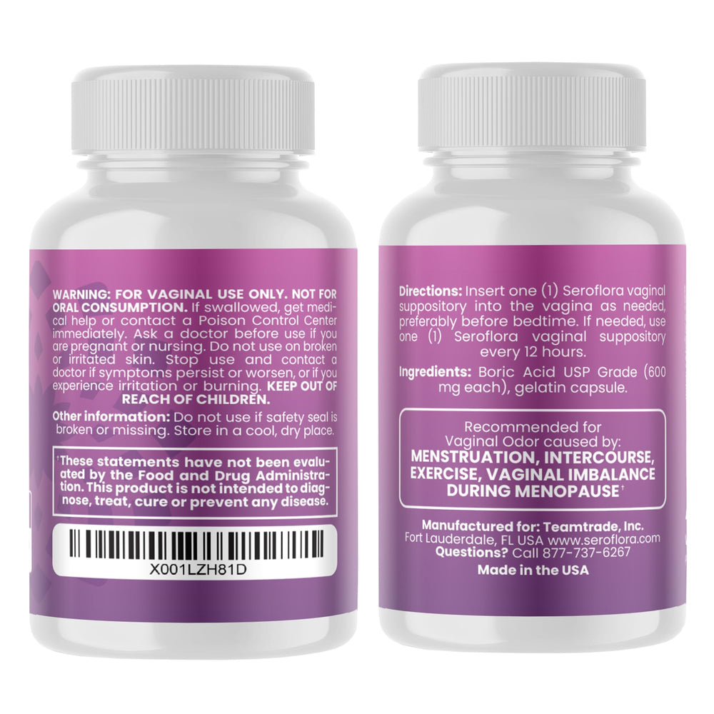 Seroflora boric acid capsules bottle closeup highlighting easy-dissolve 600 mg formula and dosage.