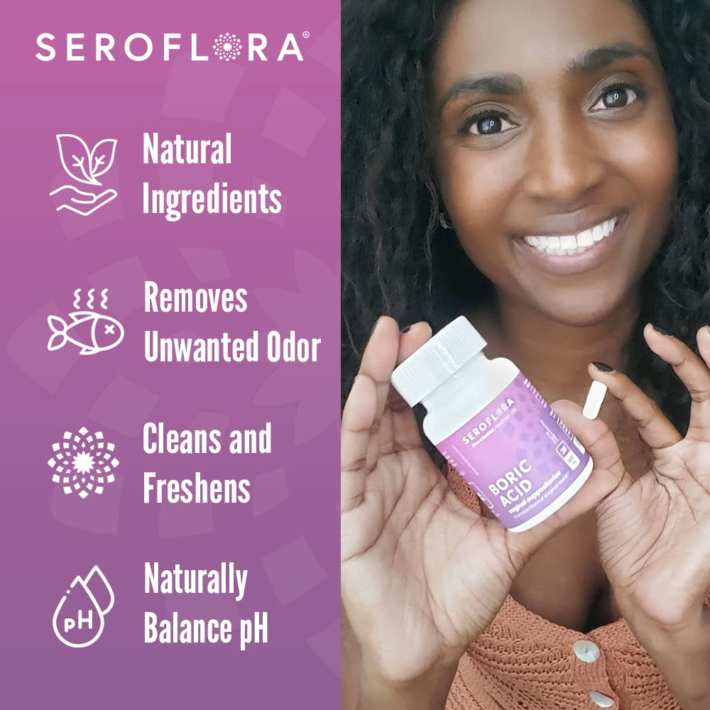 Seroflora boric acid capsules pack view suggesting convenient personal care routine.