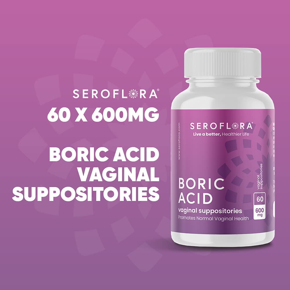 Seroflora boric acid capsules with USA production badge enhances trust.